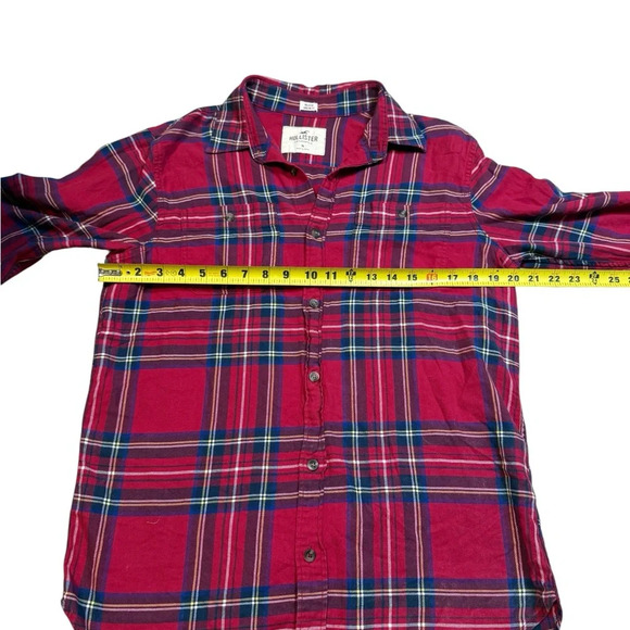 Vintage Hollister Women’s Medium Red Plaid Long Line Button-Up Collared Shirt - Picture 5 of 6